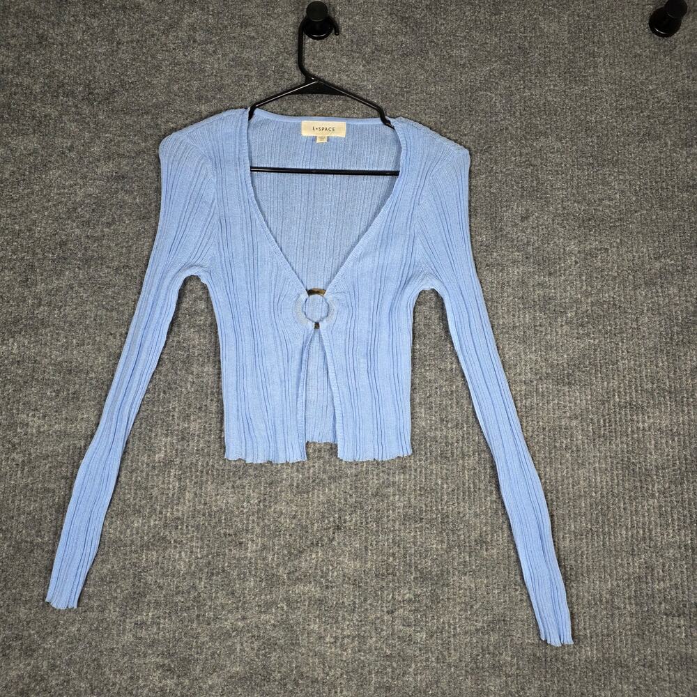 L Space Tropea Ribbed Cardigan Blue Ring Front Crop Top Small